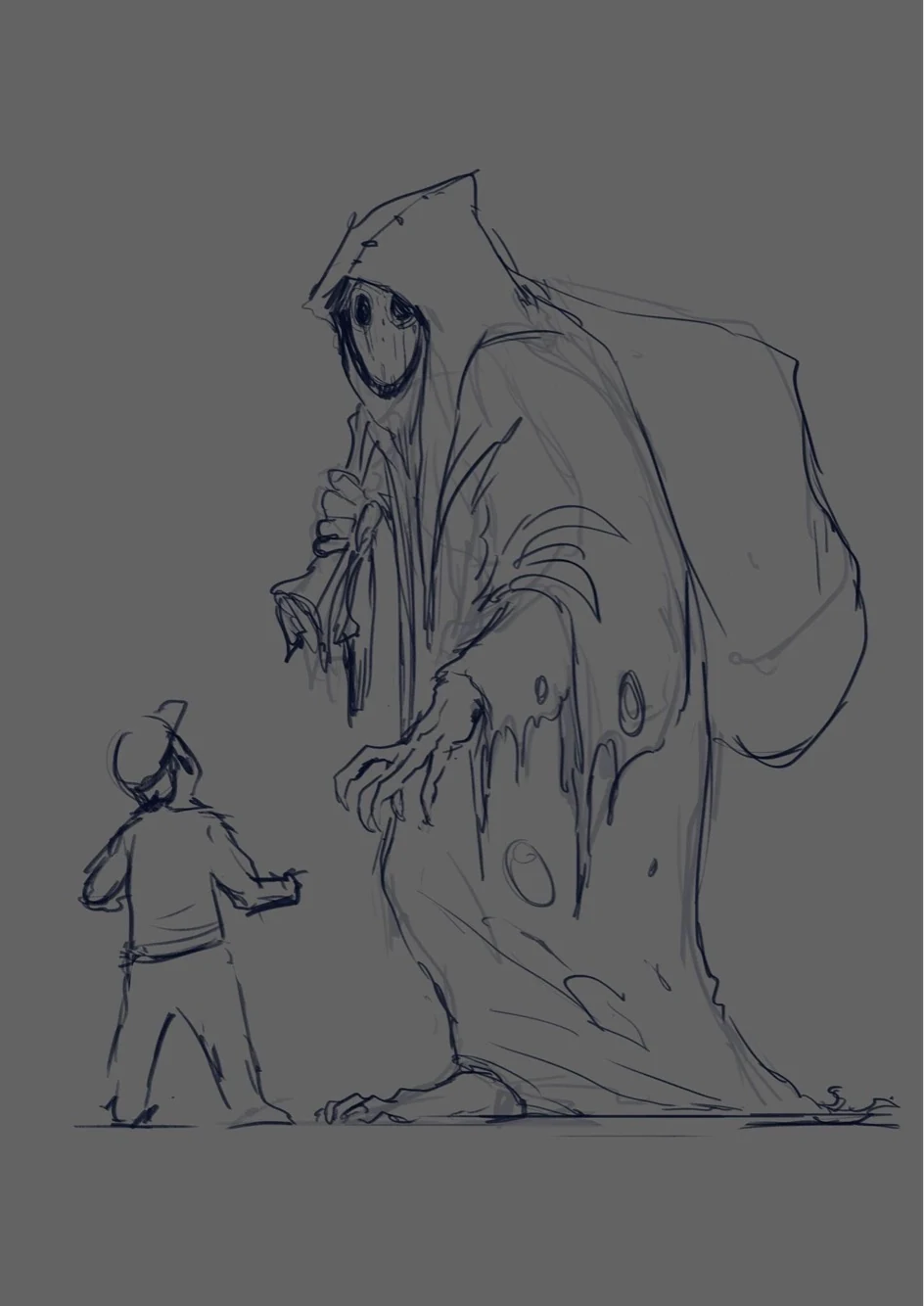 Costume concept sketch of a towering hooded character