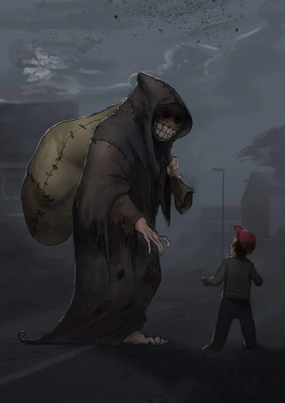 Atmospheric concept art of a hooded creature beside a child